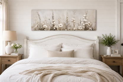 Neutral Wildflower Wall Art - Beige Floral Canvas Print | Calm Botanical Above Bed Decor