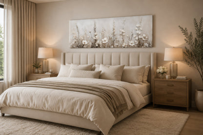 Neutral Wildflower Wall Art - Beige Floral Canvas Print | Calm Botanical Above Bed Decor