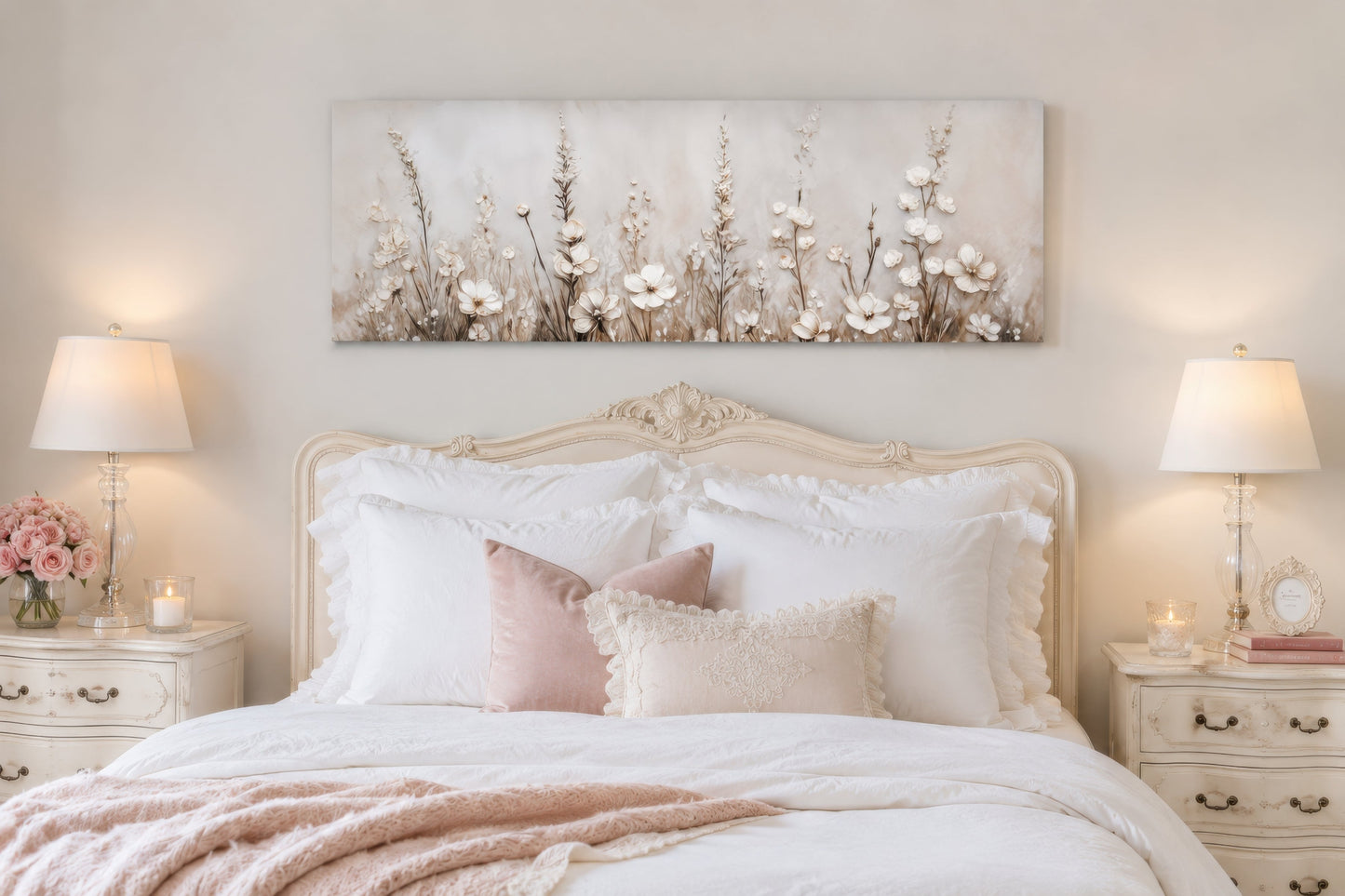 Neutral Wildflower Wall Art - Beige Floral Canvas Print | Calm Botanical Above Bed Decor