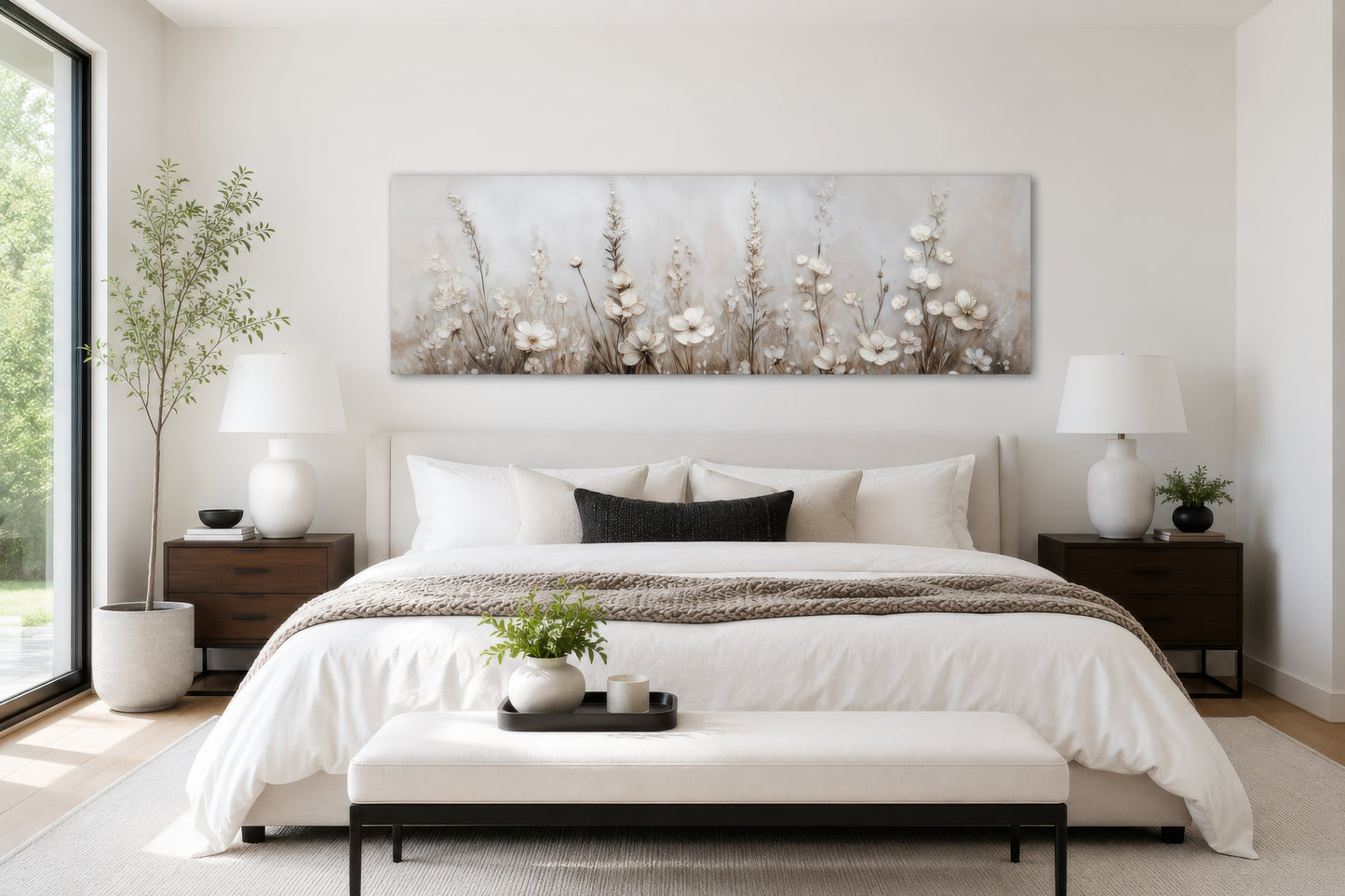 Neutral Wildflower Wall Art - Beige Floral Canvas Print | Calm Botanical Above Bed Decor