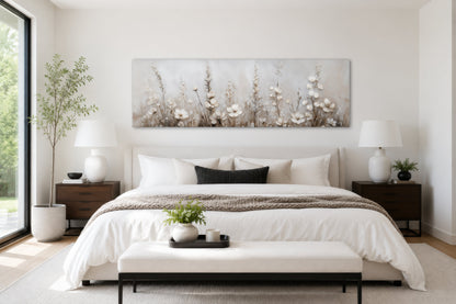 Neutral Wildflower Wall Art - Beige Floral Canvas Print | Calm Botanical Above Bed Decor