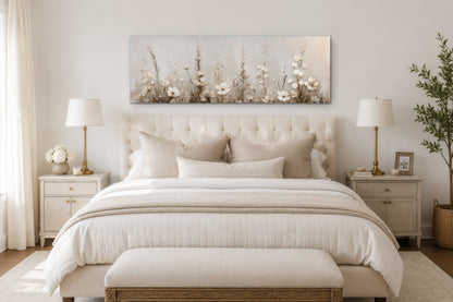 Neutral Wildflower Wall Art - Beige Floral Canvas Print | Calm Botanical Above Bed Decor