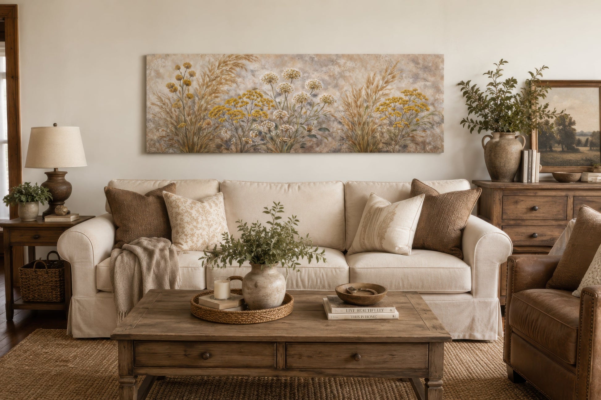 Neutral Wildflowers Long Narrow Wall Art – Grass Meadow Canvas Print | Boho Farmhouse Decor