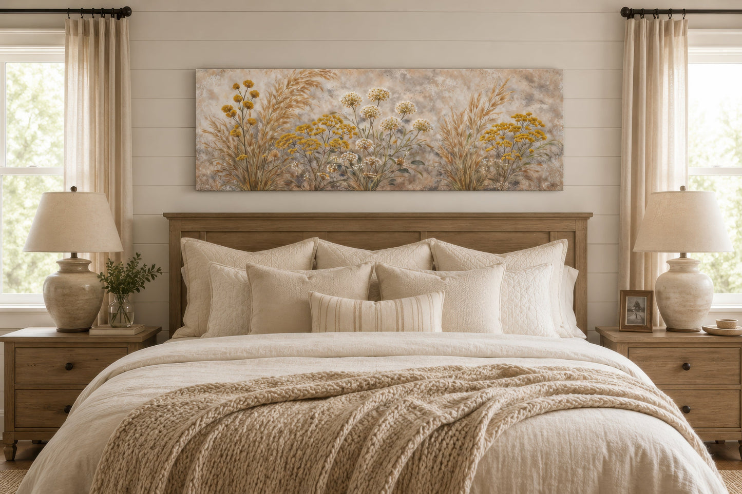 Neutral Wildflowers Long Narrow Wall Art – Grass Meadow Canvas Print | Boho Farmhouse Decor