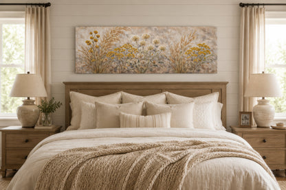 Neutral Wildflowers Long Narrow Wall Art – Grass Meadow Canvas Print | Boho Farmhouse Decor