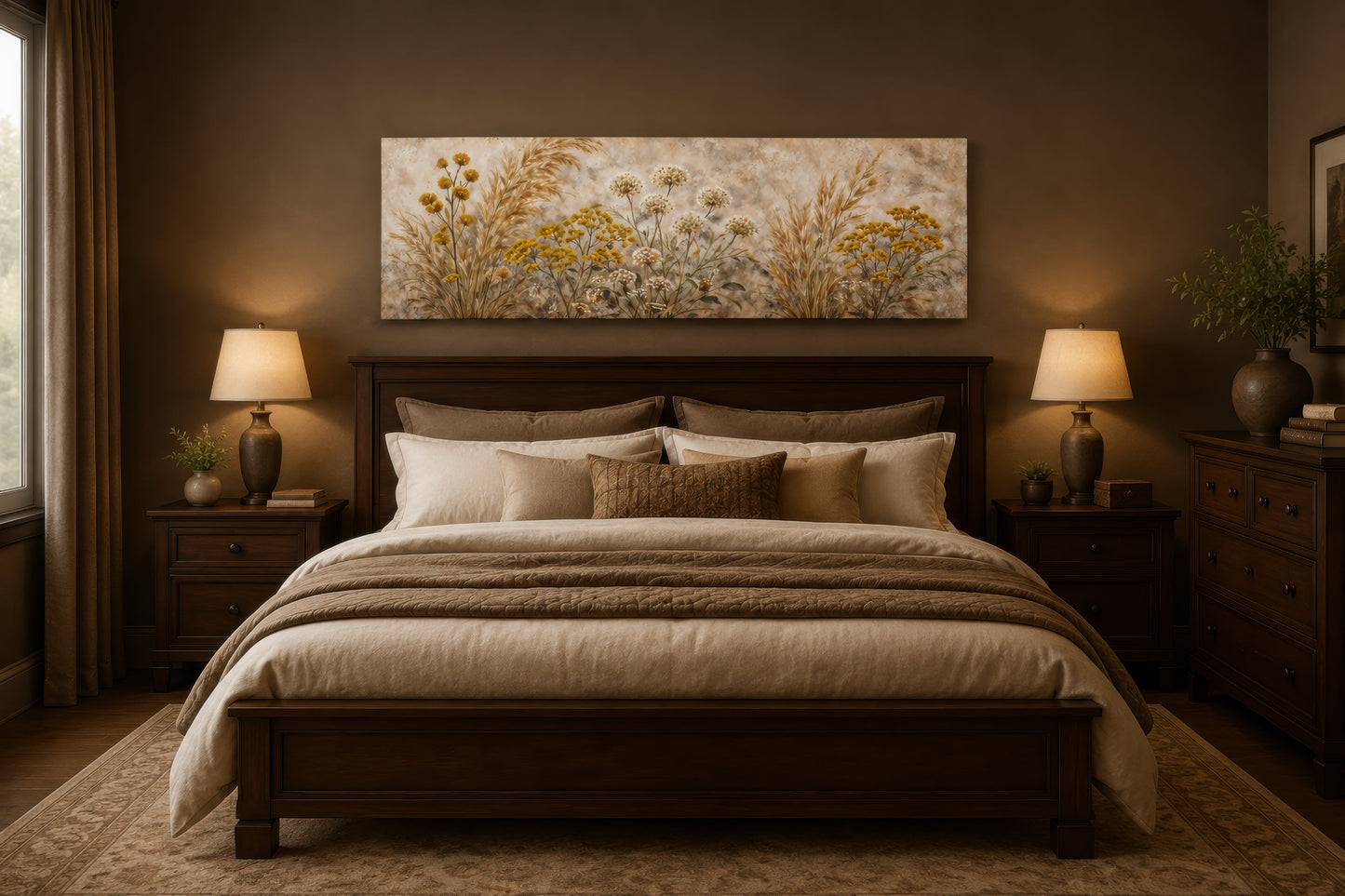 Neutral Wildflowers Long Narrow Wall Art – Grass Meadow Canvas Print | Boho Farmhouse Decor