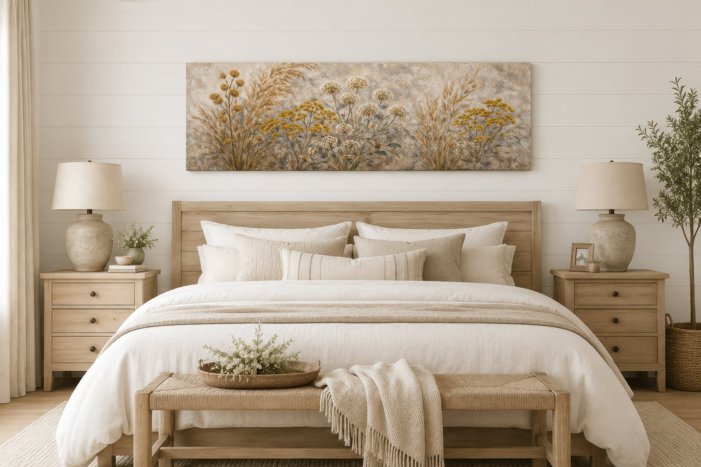 Neutral Wildflowers Long Narrow Wall Art – Grass Meadow Canvas Print | Boho Farmhouse Decor