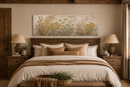 Neutral Wildflowers Long Narrow Wall Art – Grass Meadow Canvas Print | Boho Farmhouse Decor