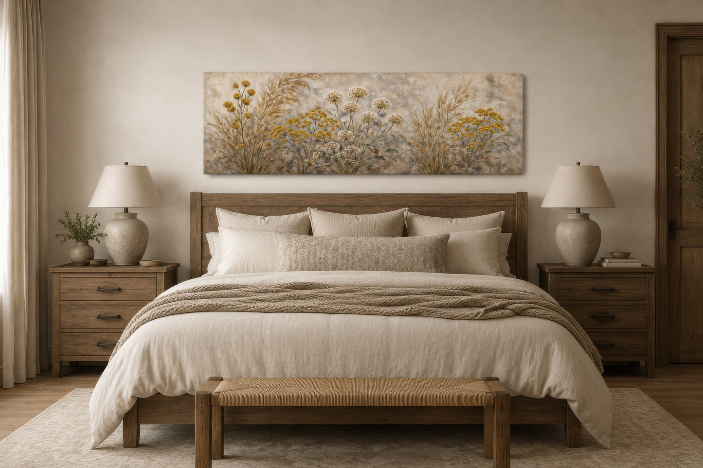 Neutral Wildflowers Long Narrow Wall Art – Grass Meadow Canvas Print | Boho Farmhouse Decor