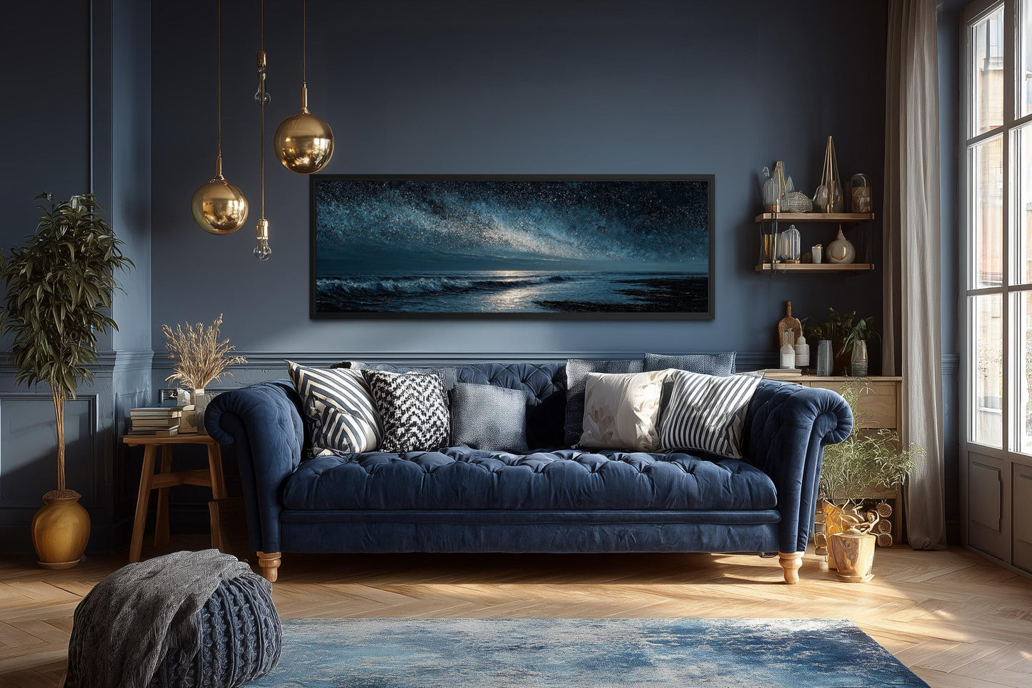 Night Ocean Wall Art – Panoramic Dark Blue Seascape Canvas Print With Starry Sky for Mens Bedroom