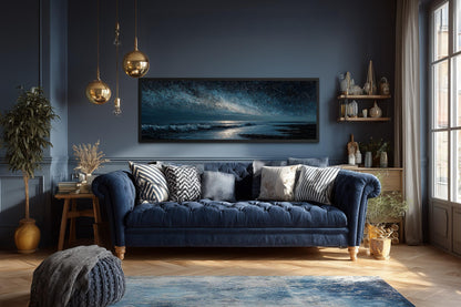 Night Ocean Wall Art – Panoramic Dark Blue Seascape Canvas Print With Starry Sky for Mens Bedroom