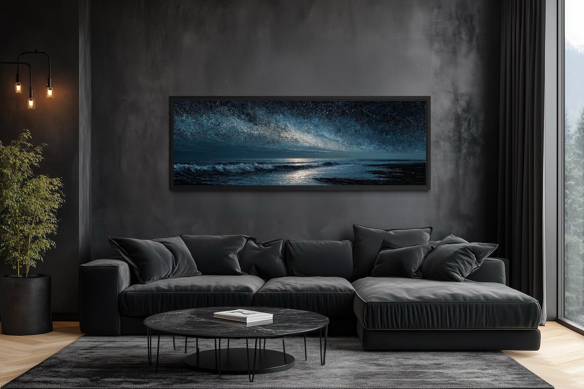 Night Ocean Wall Art – Panoramic Dark Blue Seascape Canvas Print With Starry Sky for Mens Bedroom