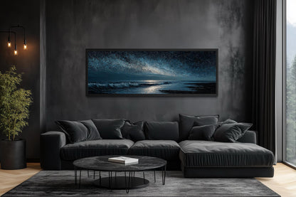 Night Ocean Wall Art – Panoramic Dark Blue Seascape Canvas Print With Starry Sky for Mens Bedroom