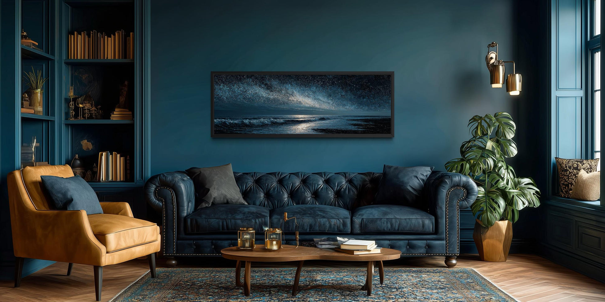 Night Ocean Wall Art – Panoramic Dark Blue Seascape Canvas Print With Starry Sky for Mens Bedroom