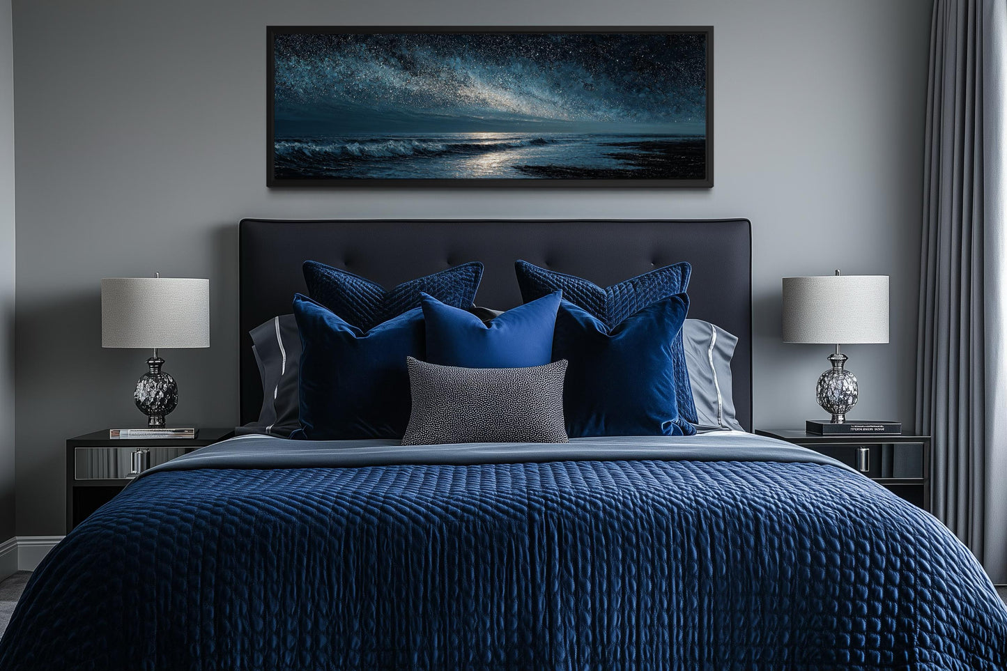 Night Ocean Wall Art – Panoramic Dark Blue Seascape Canvas Print With Starry Sky for Mens Bedroom