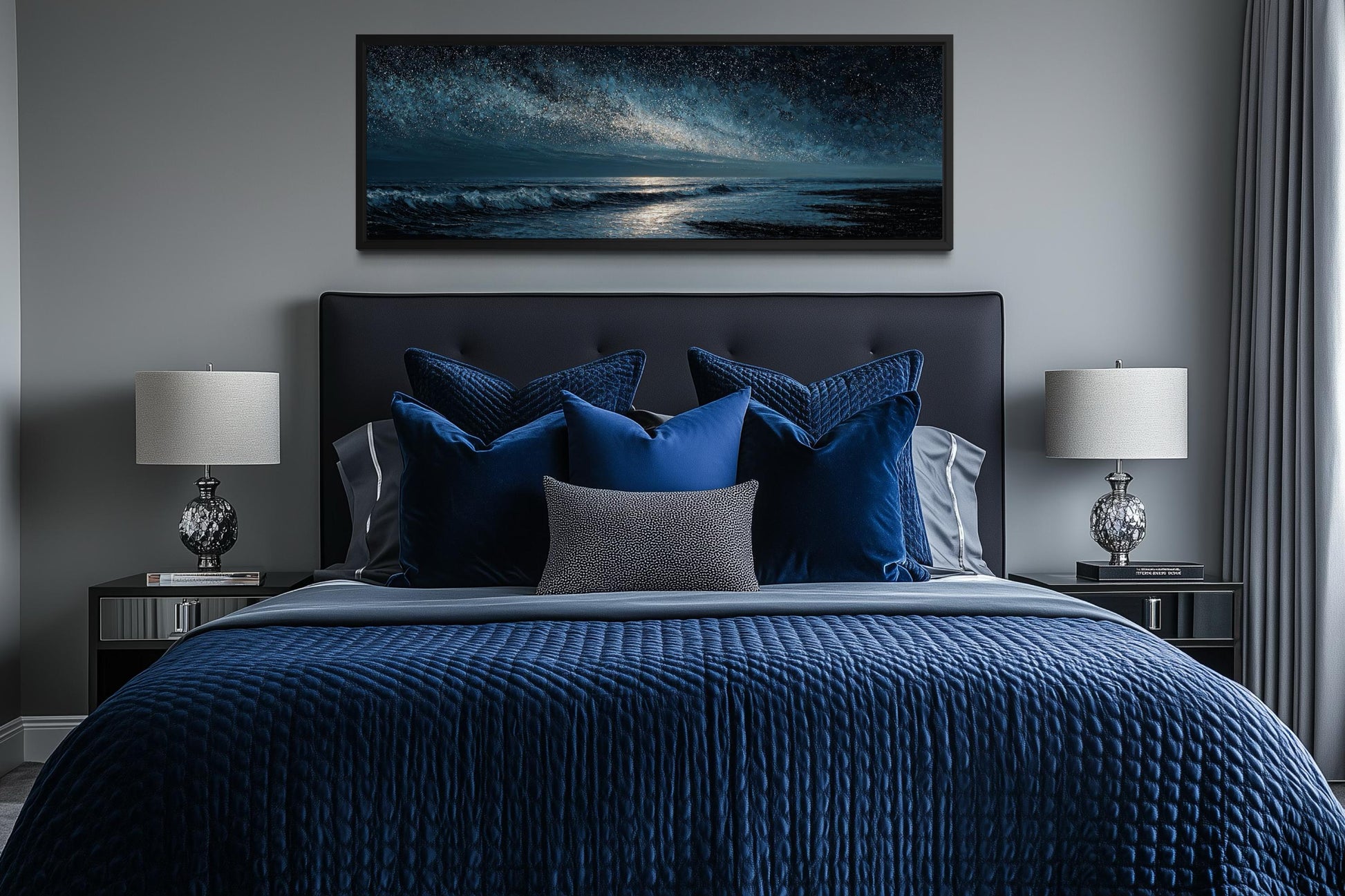 Night Ocean Wall Art – Panoramic Dark Blue Seascape Canvas Print With Starry Sky for Mens Bedroom