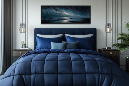 Night Ocean Wall Art – Panoramic Dark Blue Seascape Canvas Print With Starry Sky for Mens Bedroom