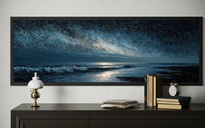 Night Ocean Wall Art – Panoramic Dark Blue Seascape Canvas Print With Starry Sky for Mens Bedroom