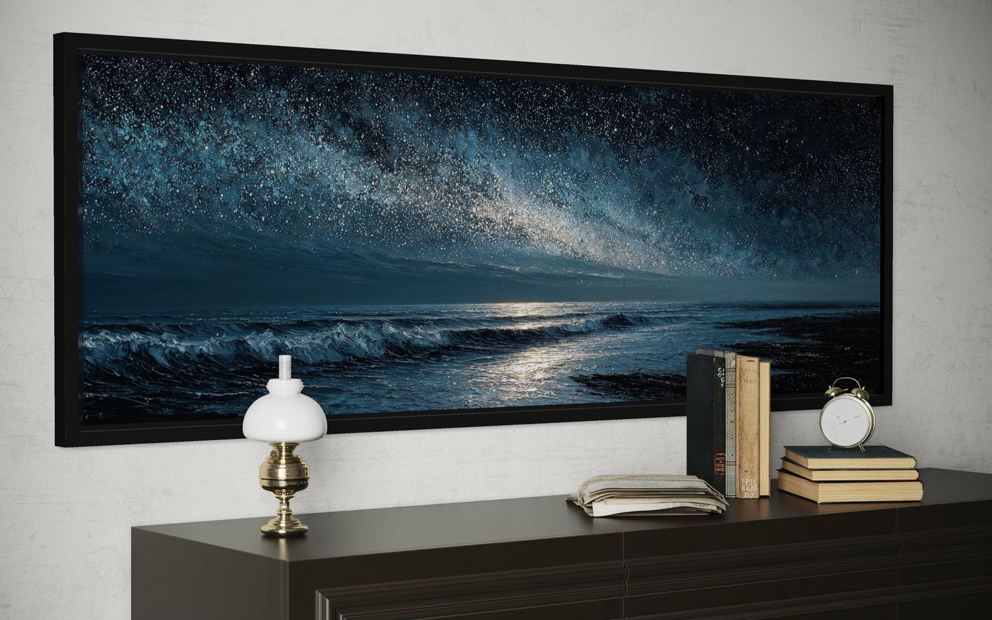 Night Ocean Wall Art – Panoramic Dark Blue Seascape Canvas Print With Starry Sky for Mens Bedroom
