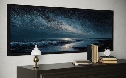 Night Ocean Wall Art – Panoramic Dark Blue Seascape Canvas Print With Starry Sky for Mens Bedroom