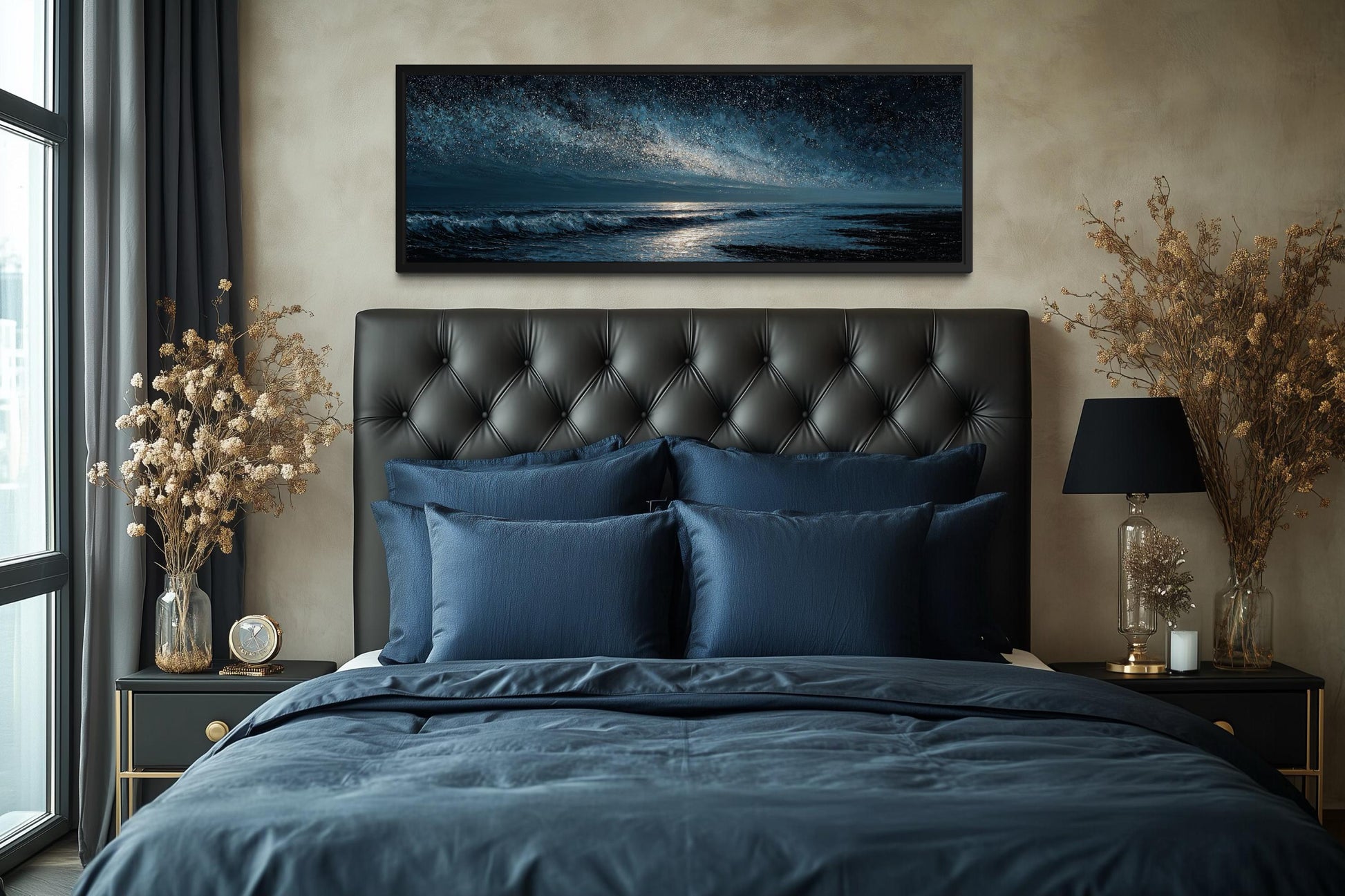 Night Ocean Wall Art – Panoramic Dark Blue Seascape Canvas Print With Starry Sky for Mens Bedroom