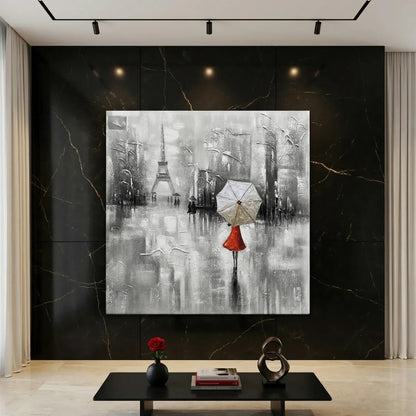 Abstract painting of a cityscape with a person holding an umbrella on a dark marble wall.