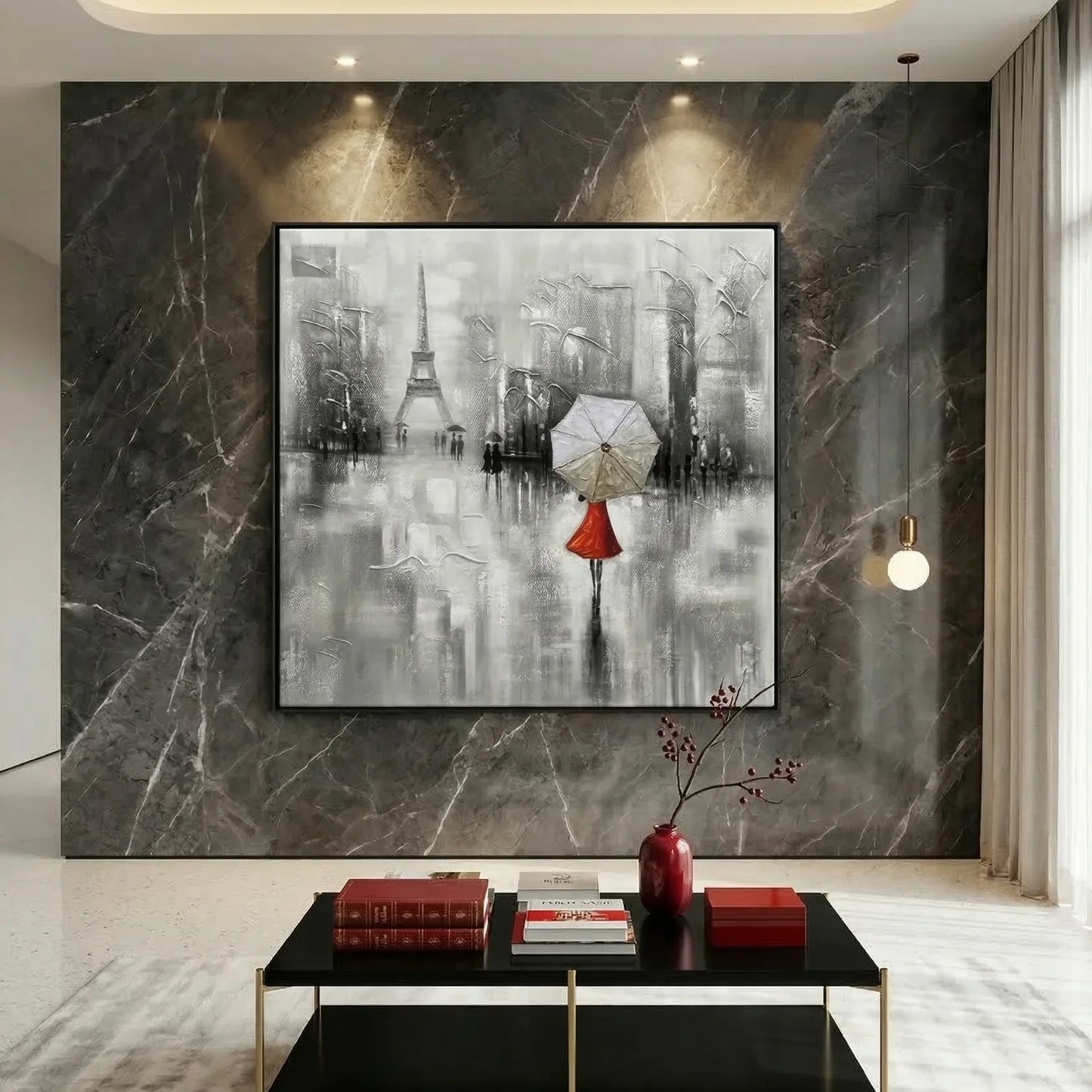 Modern living room with a large abstract painting of the Eiffel Tower on a marble wall.