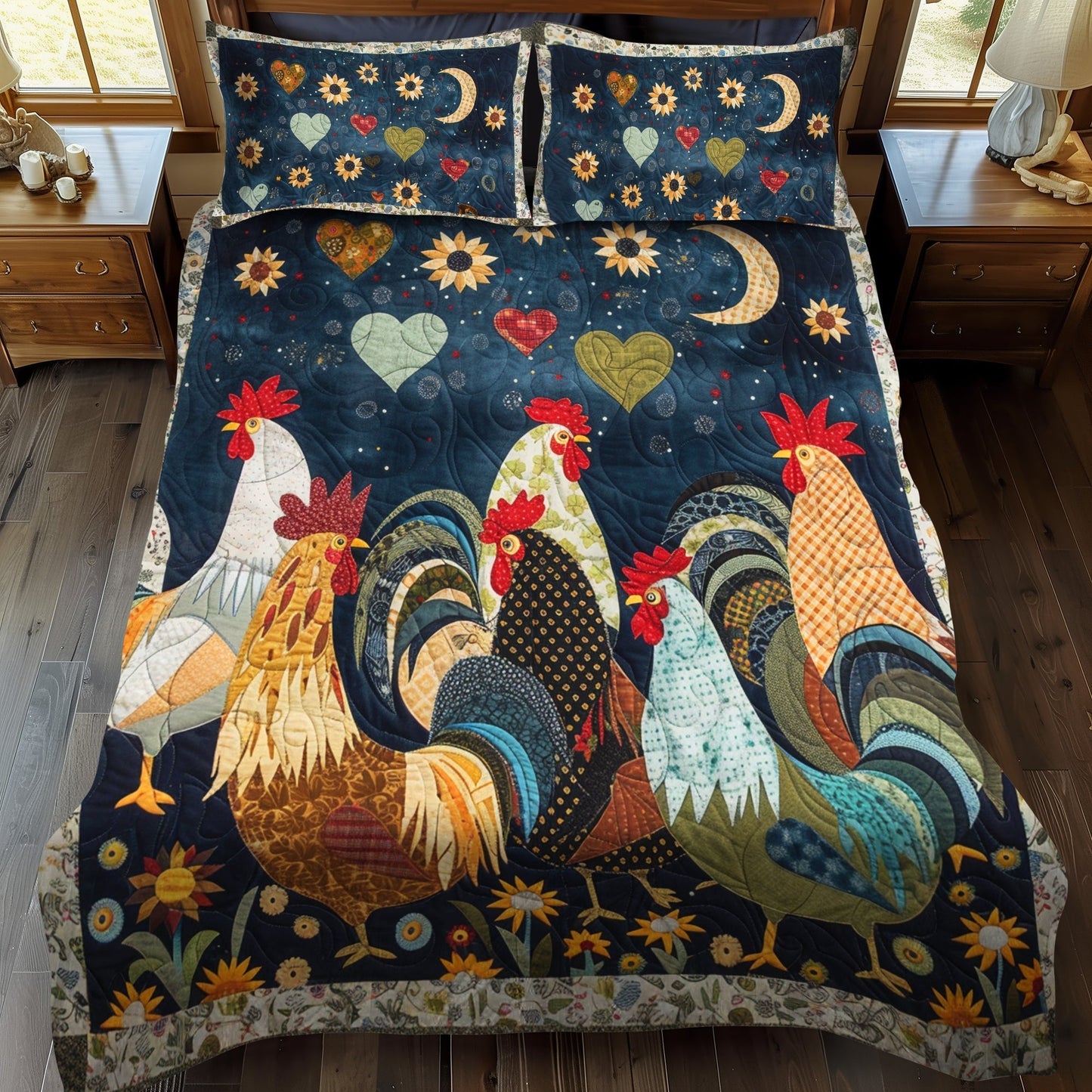 Single (59'' x 70'') /Charming Rooster 3-Piece Quilted Bedding Set