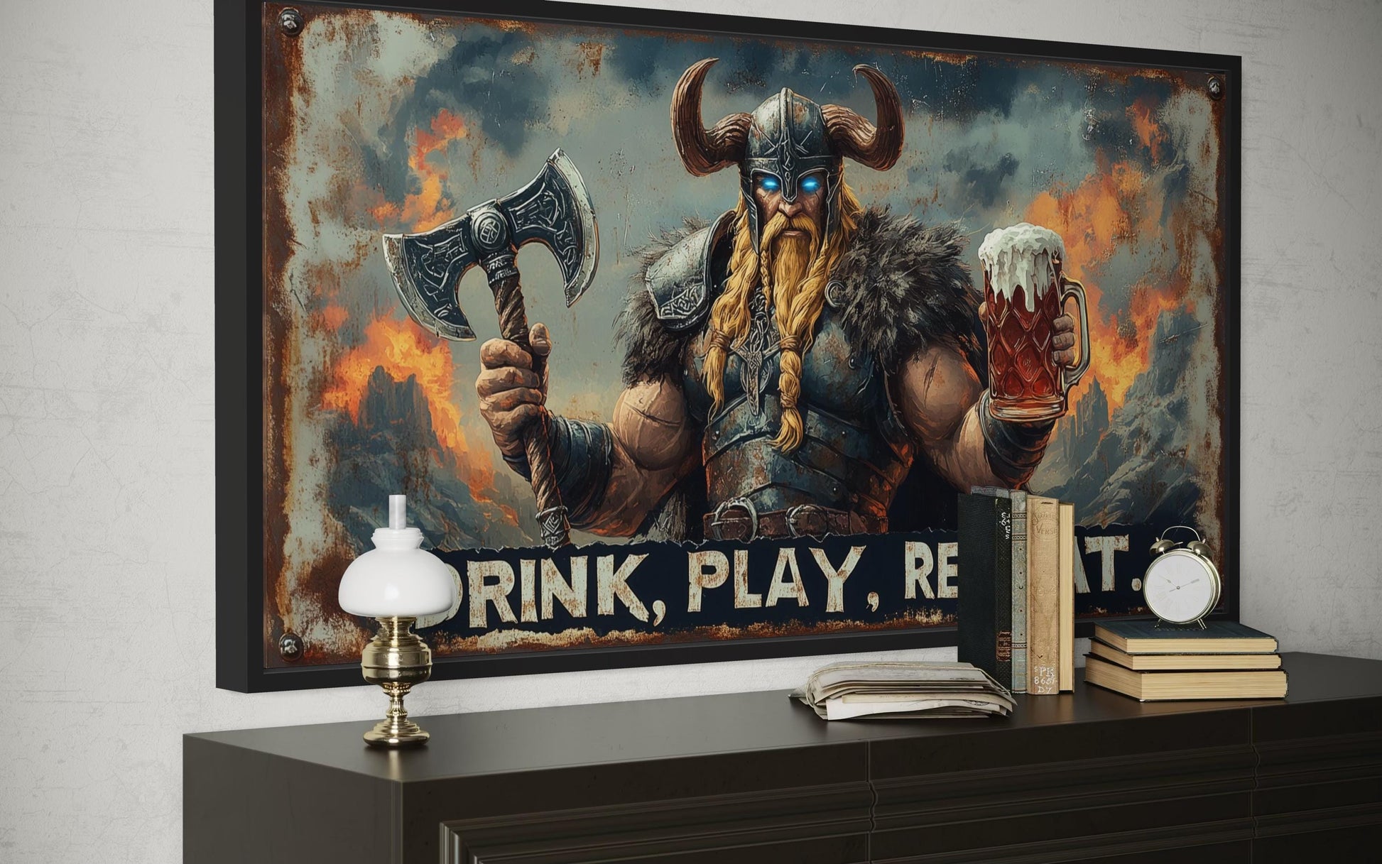 Nordic Bar Sign Wall Art - Viking Man Cave Drink Play Repeat Canvas Print