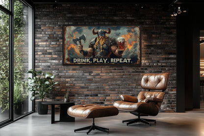 Nordic Bar Sign Wall Art - Viking Man Cave Drink Play Repeat Canvas Print