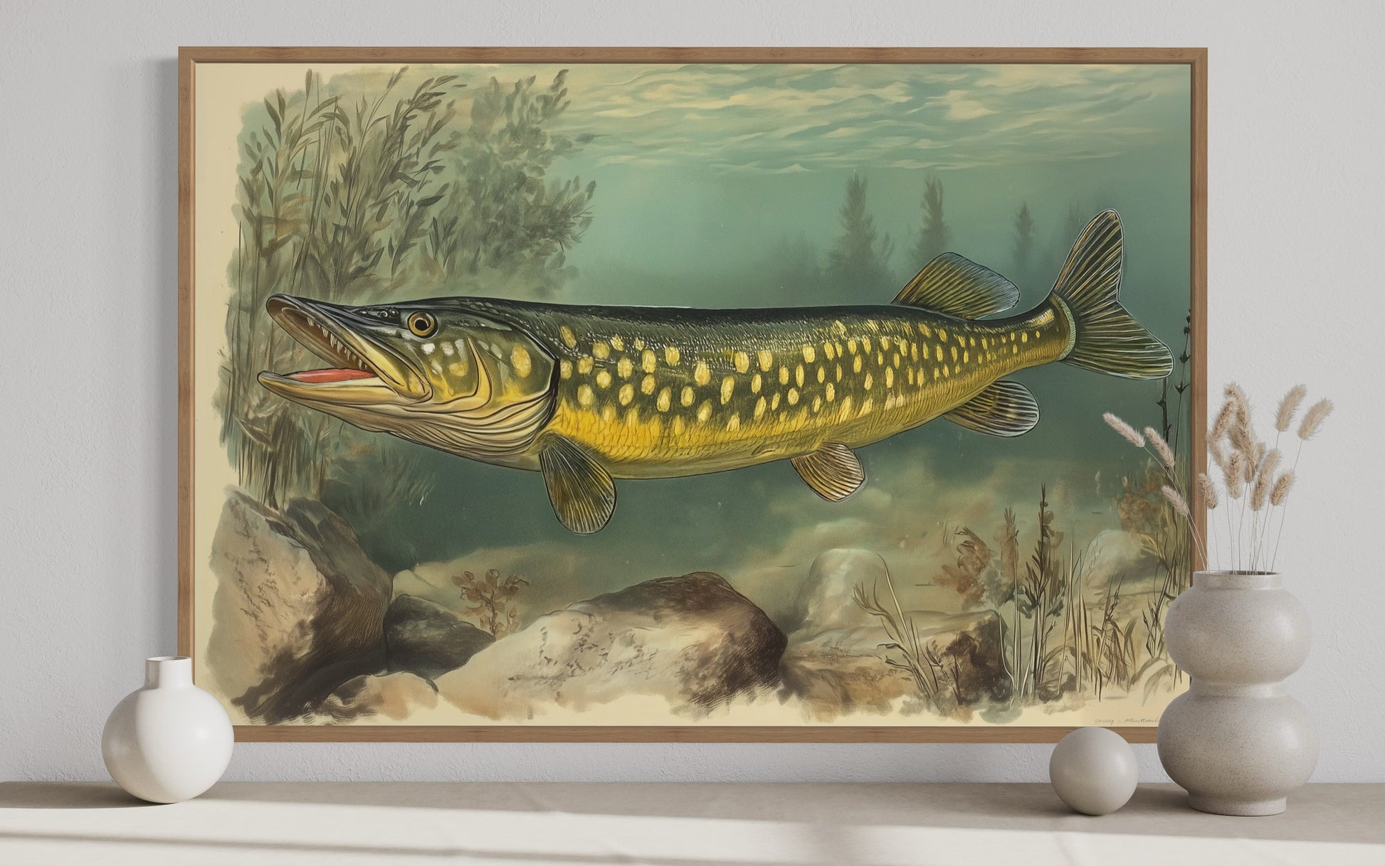 Northern Pike Vintage Fish Painting Framed Canvas Wall Art