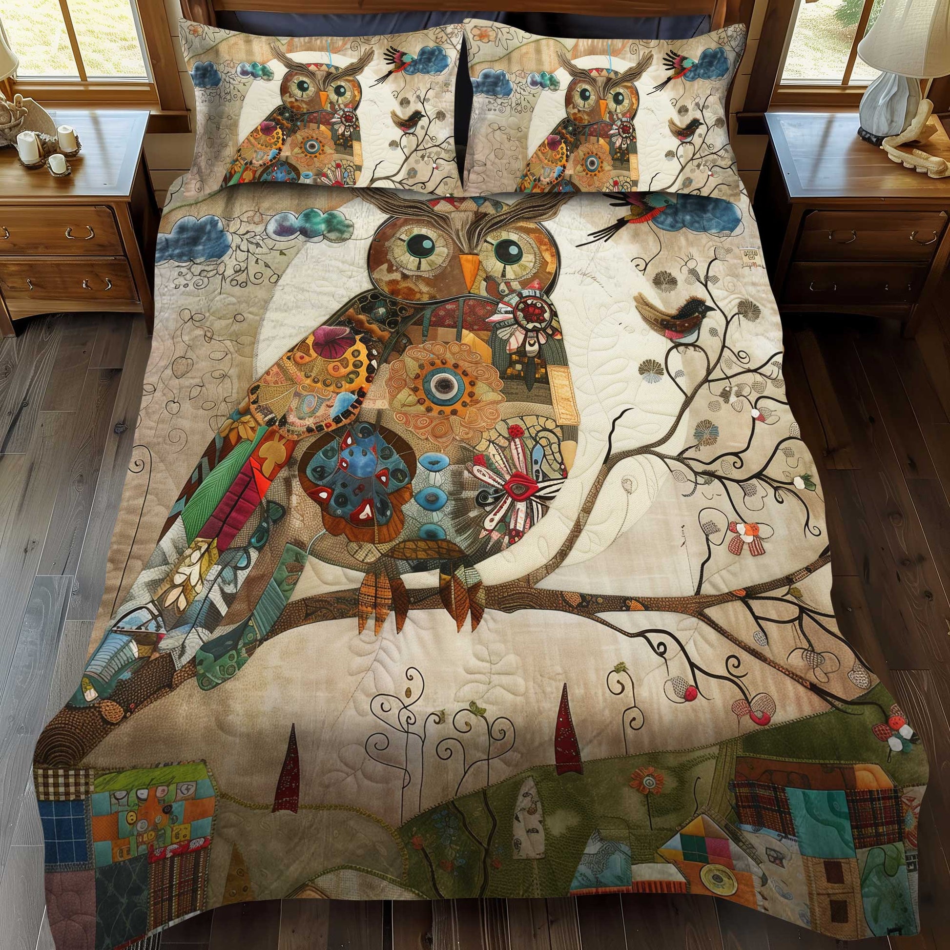 Vintage Owl Patchwork 3-Piece Quilted Bedding Set - Single (59" x 70")