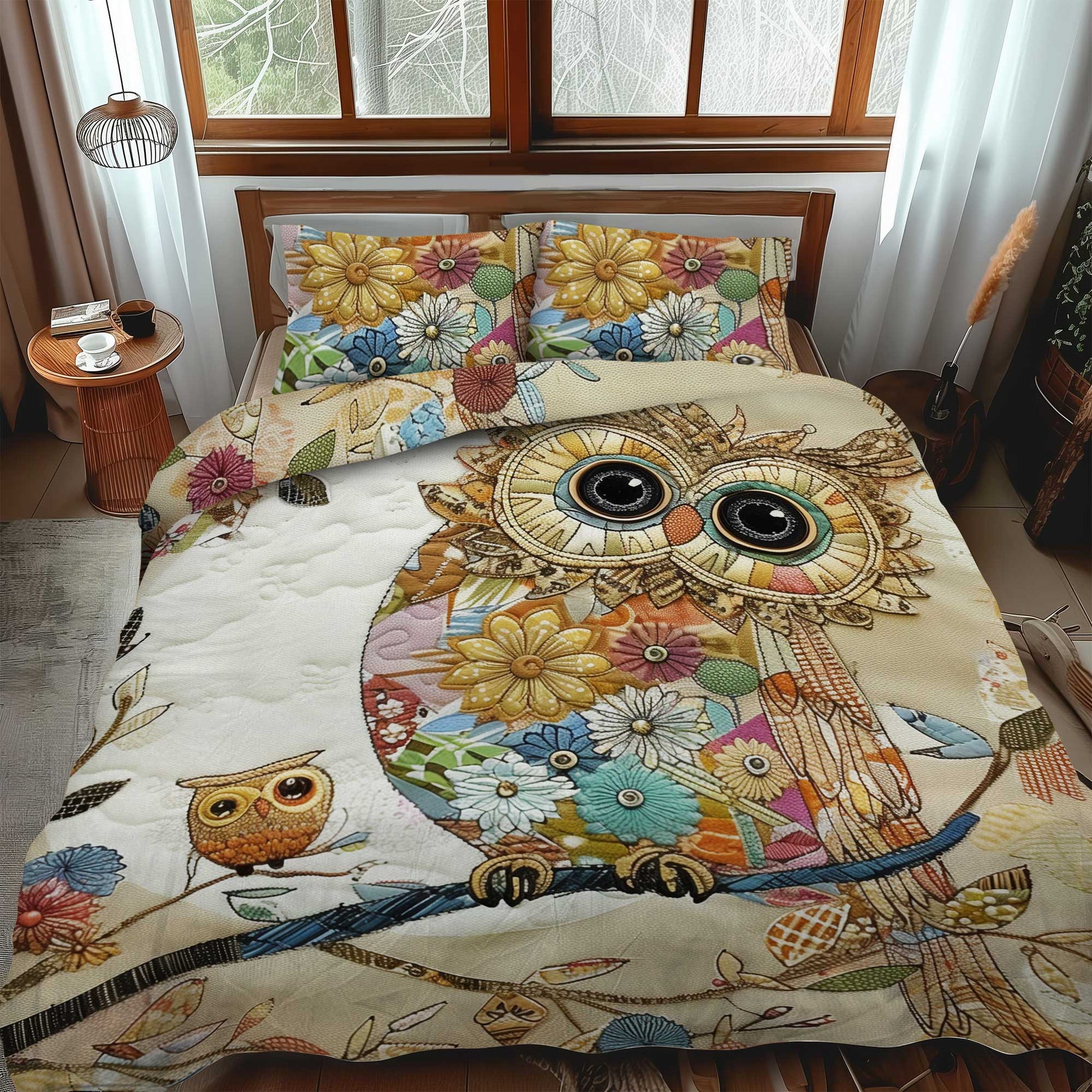 Floral Owl Patchwork 3-Piece Quilted Bedding Set - Single (59" x 70")
