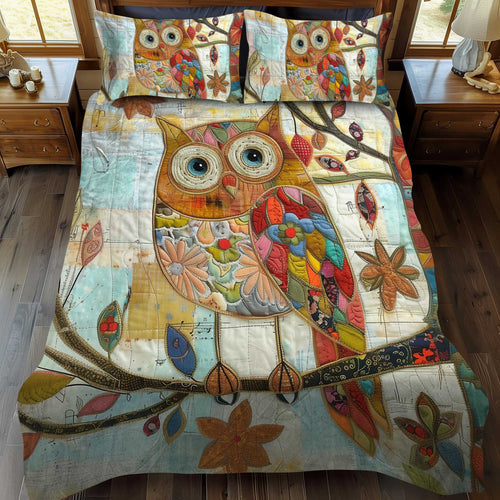 Colorful Owl Patchwork 3-Piece Quilted Bedding Set - Single (59" x 70")