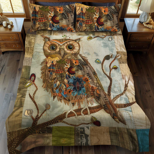 Vintage Owl Patchwork 3-Piece Quilted Bedding Set - Single (59" x 70")
