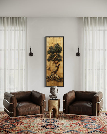 Oak Tree Painted On Wood Slice Vertical Framed Canvas Wall Art For Cabin Decor