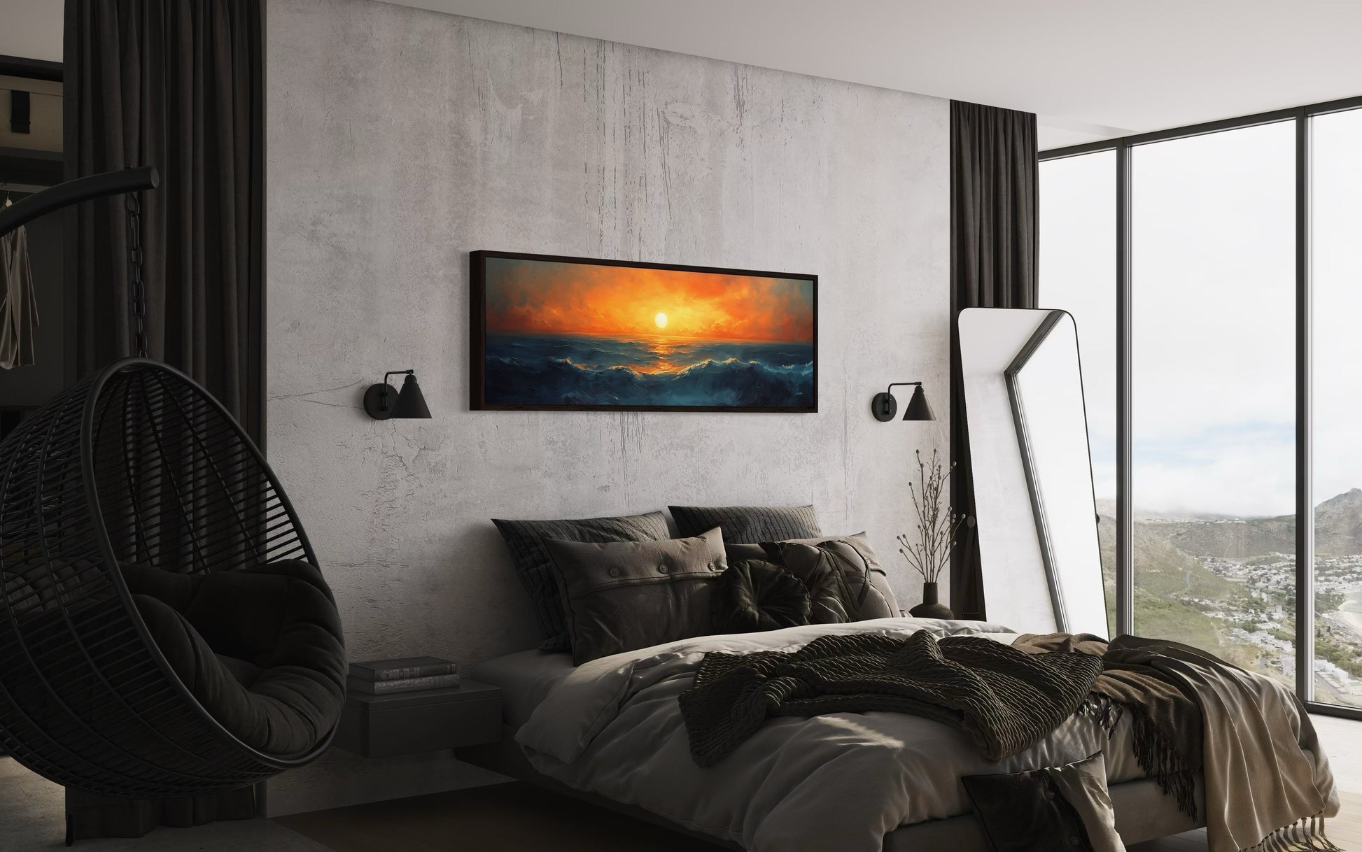 Ocean Sunset Long Horizontal Above Bed Framed Canvas Wall Art