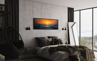 Ocean Sunset Long Horizontal Above Bed Framed Canvas Wall Art