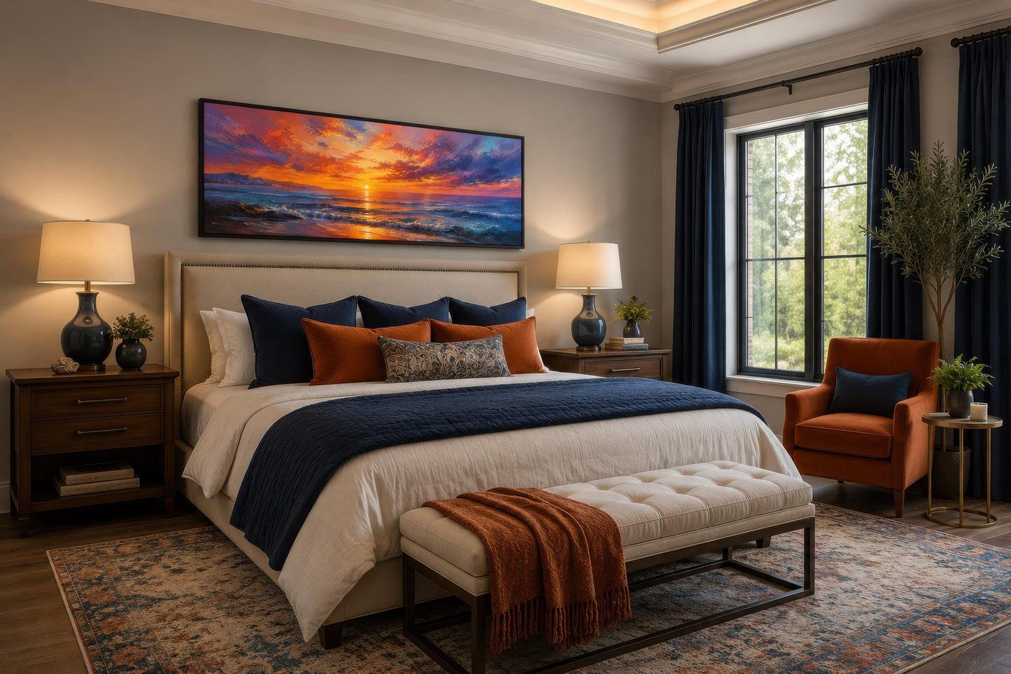 Ocean Sunset Wall Art – Fiery Long Horizontal Canvas with Dramatic Purple Orange Sky