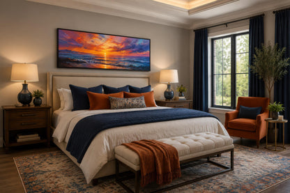 Ocean Sunset Wall Art – Fiery Long Horizontal Canvas with Dramatic Purple Orange Sky