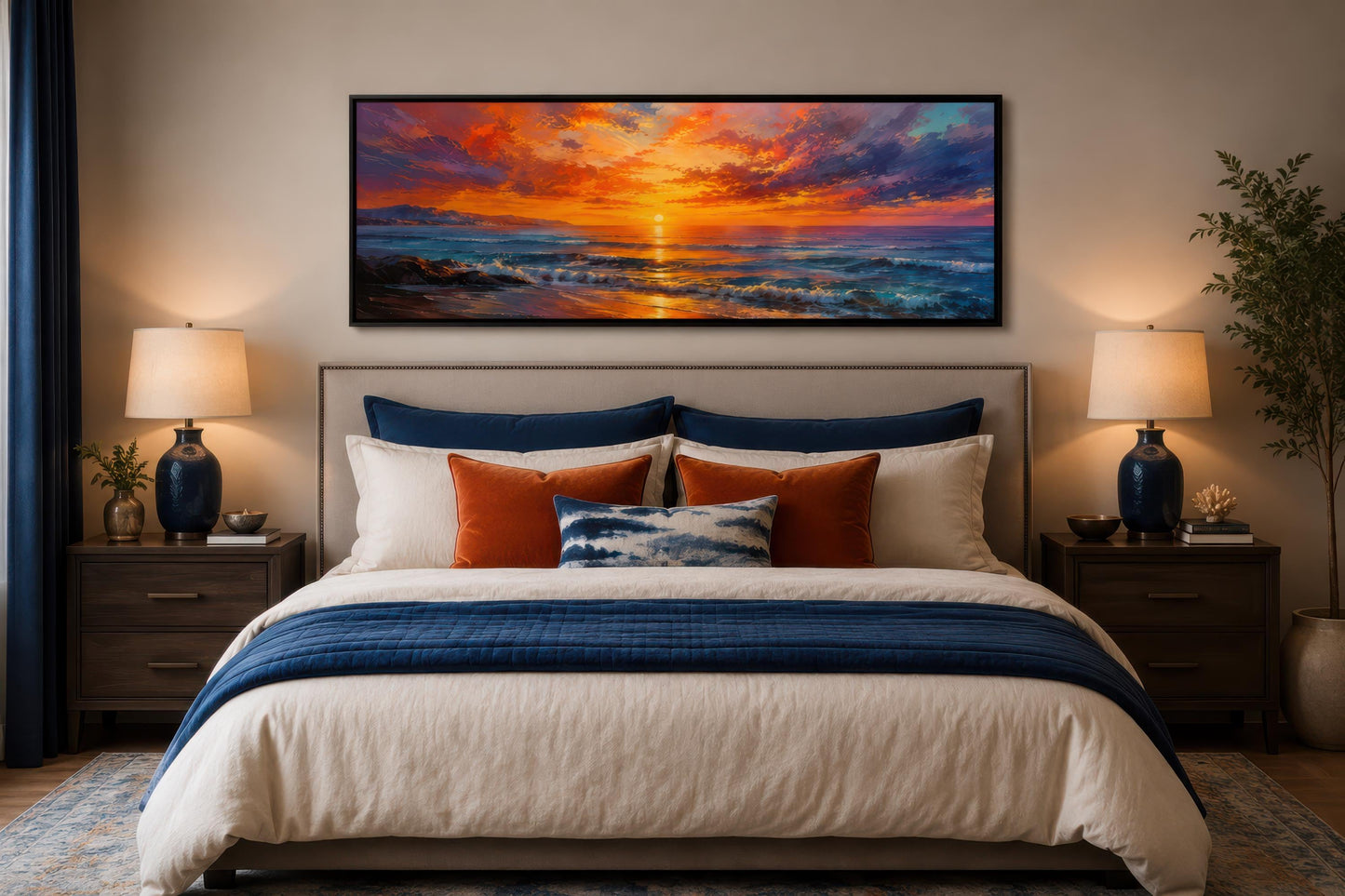Ocean Sunset Wall Art – Fiery Long Horizontal Canvas with Dramatic Purple Orange Sky