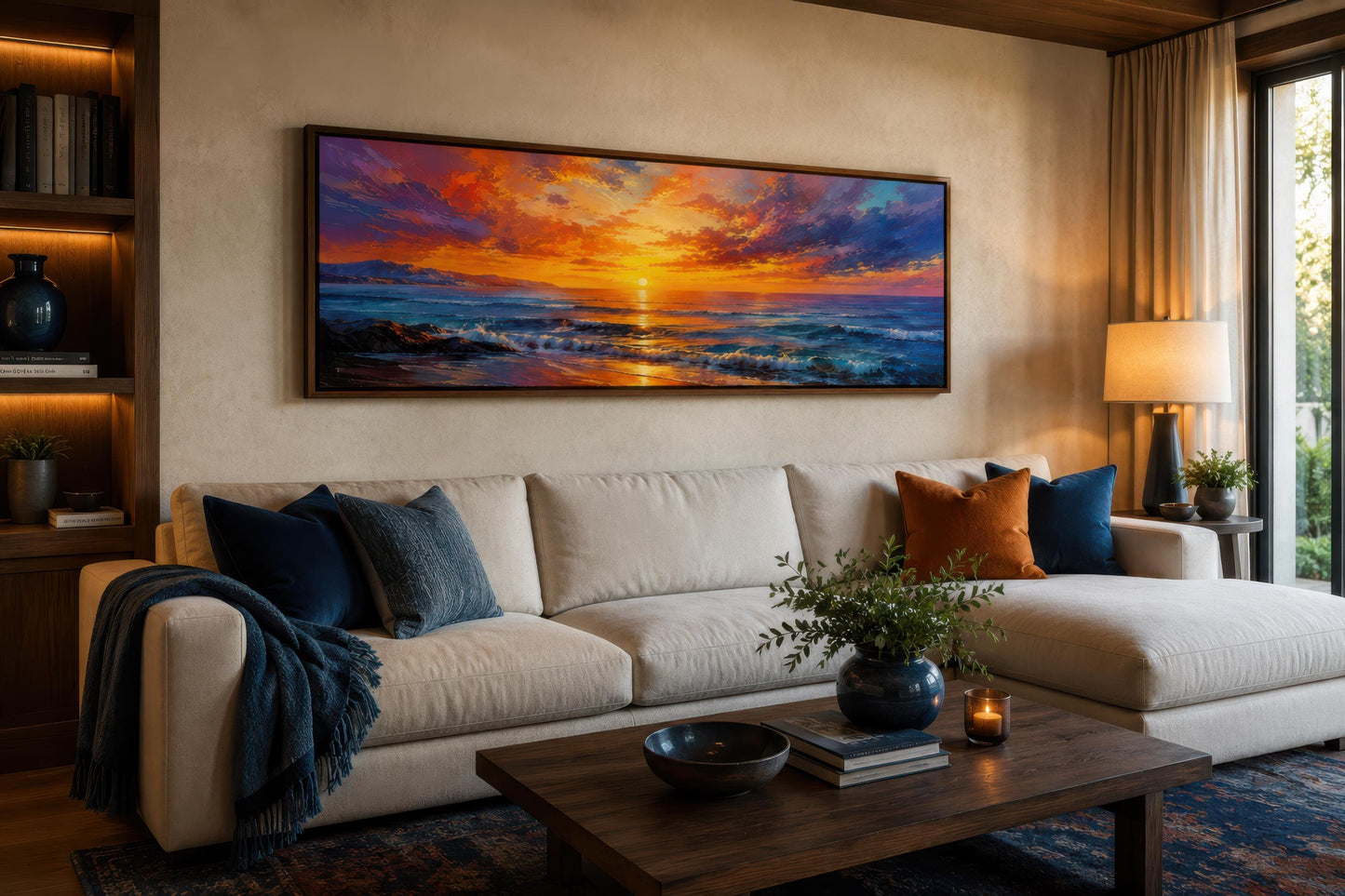 Ocean Sunset Wall Art – Fiery Long Horizontal Canvas with Dramatic Purple Orange Sky