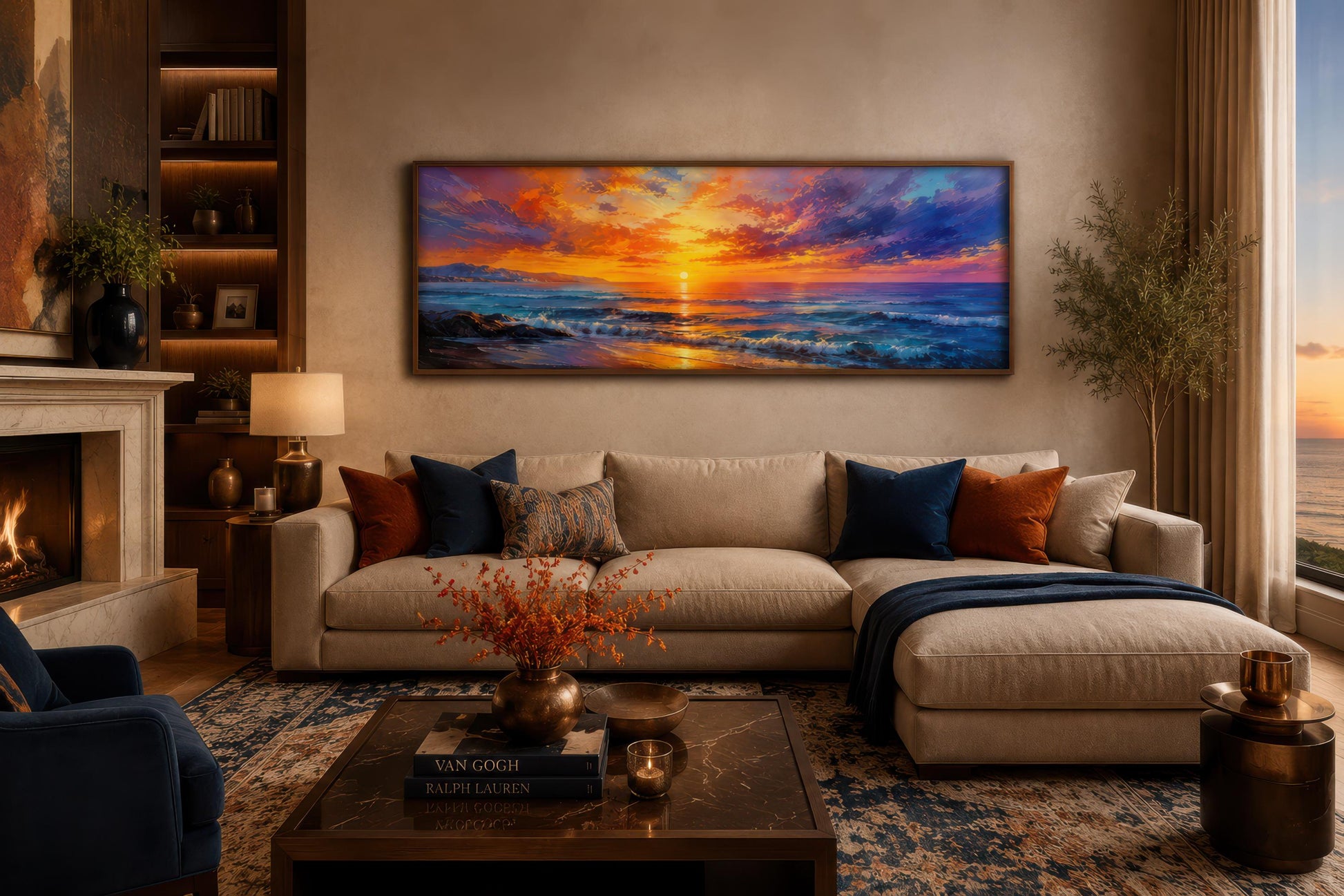 Ocean Sunset Wall Art – Fiery Long Horizontal Canvas with Dramatic Purple Orange Sky