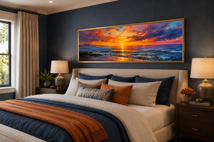 Ocean Sunset Wall Art – Fiery Long Horizontal Canvas with Dramatic Purple Orange Sky