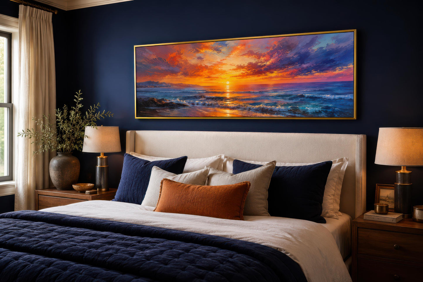 Ocean Sunset Wall Art – Fiery Long Horizontal Canvas with Dramatic Purple Orange Sky