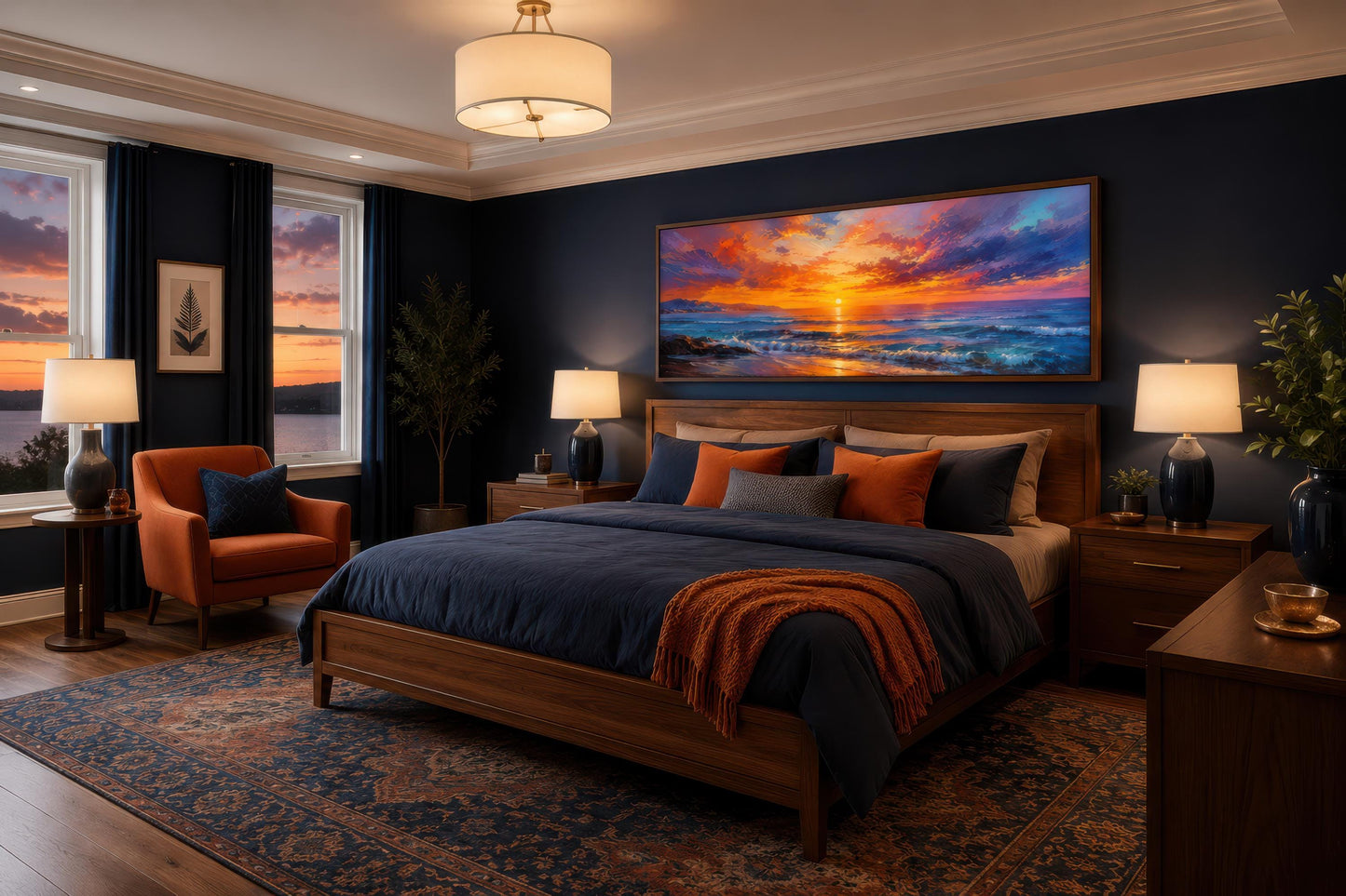 Ocean Sunset Wall Art – Fiery Long Horizontal Canvas with Dramatic Purple Orange Sky