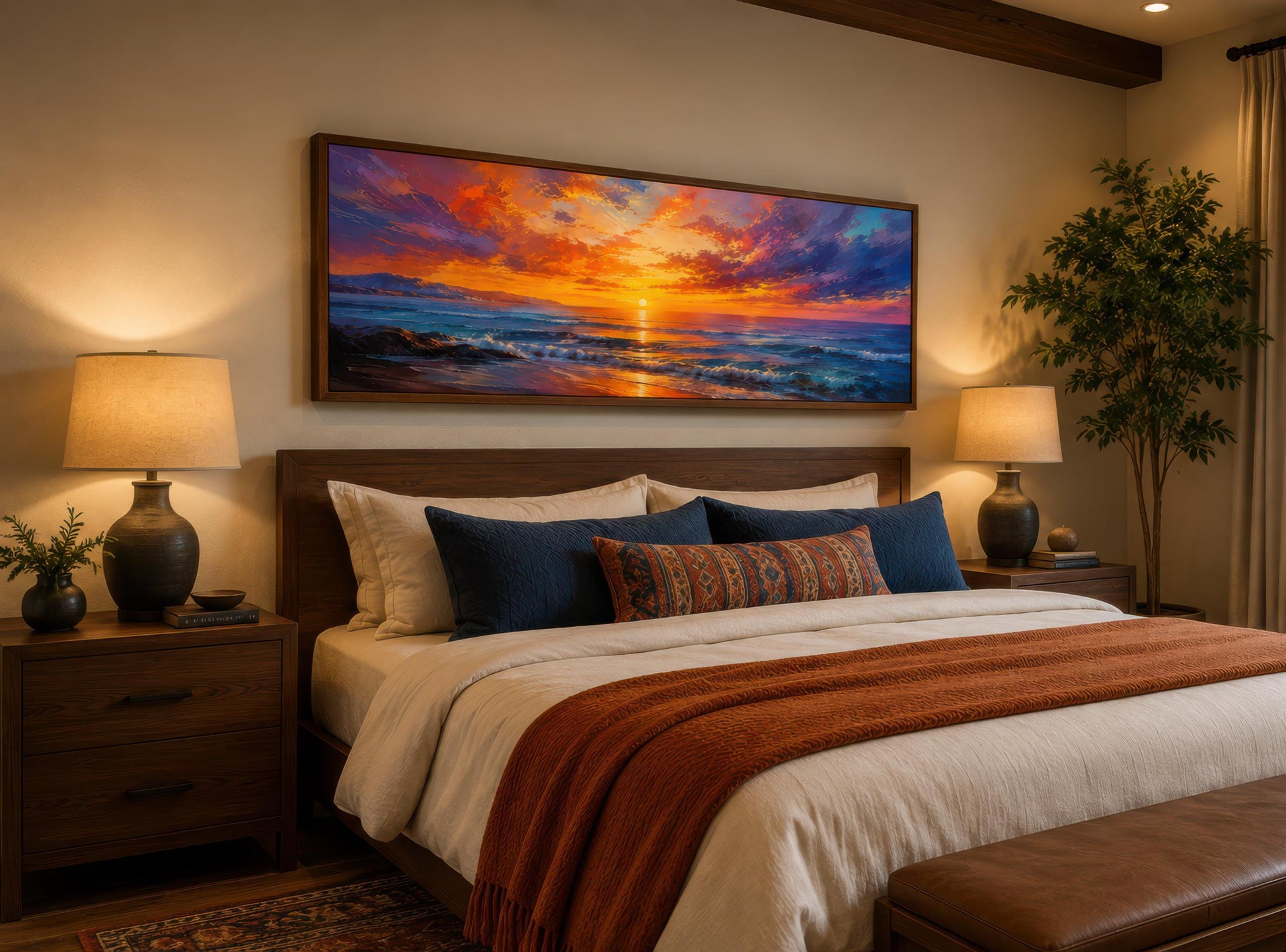 Ocean Sunset Wall Art – Fiery Long Horizontal Canvas with Dramatic Purple Orange Sky