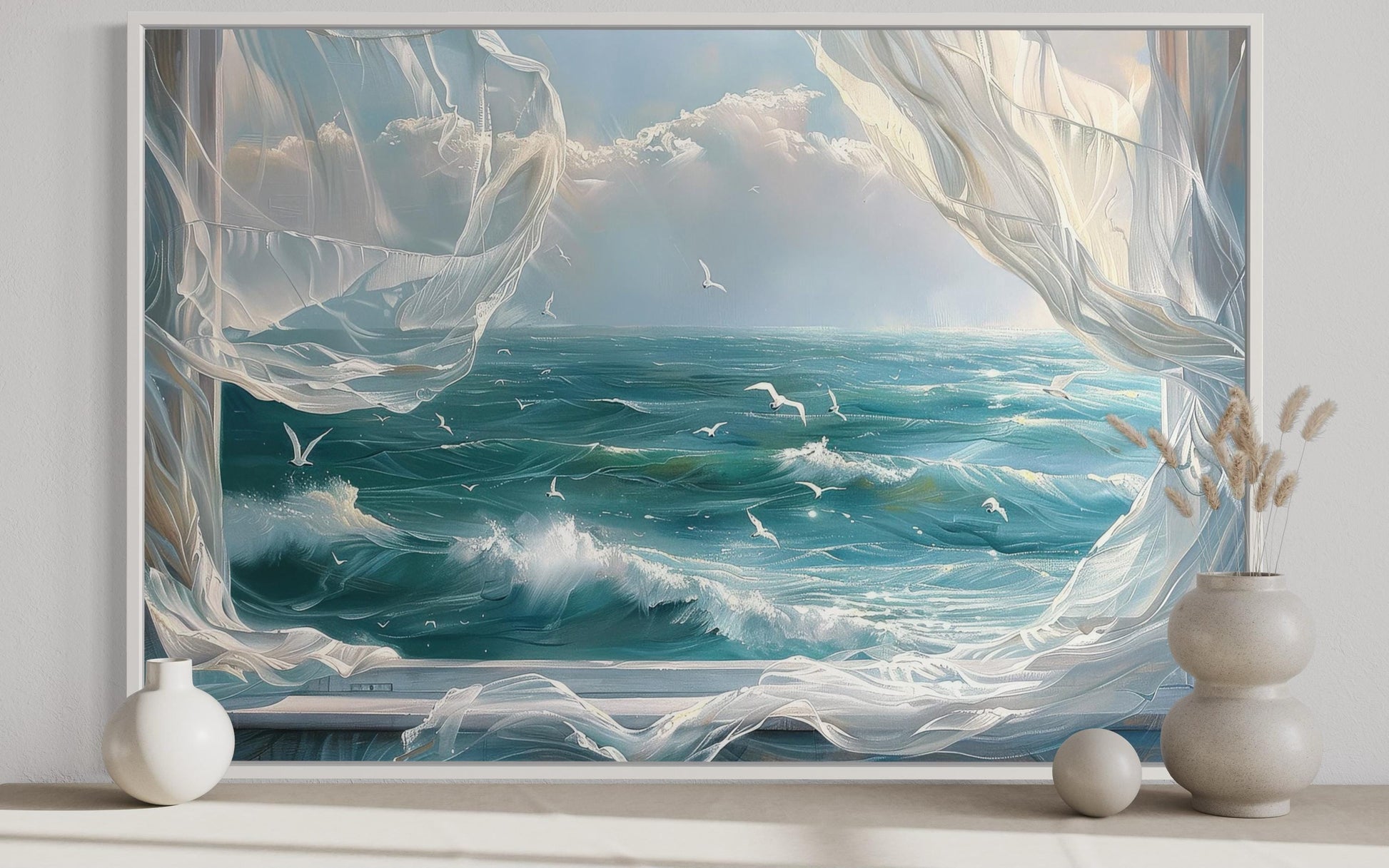 Ocean View From Window With Birds And Curtains Framed Canvas Wall Art, Coastal Wall Decor