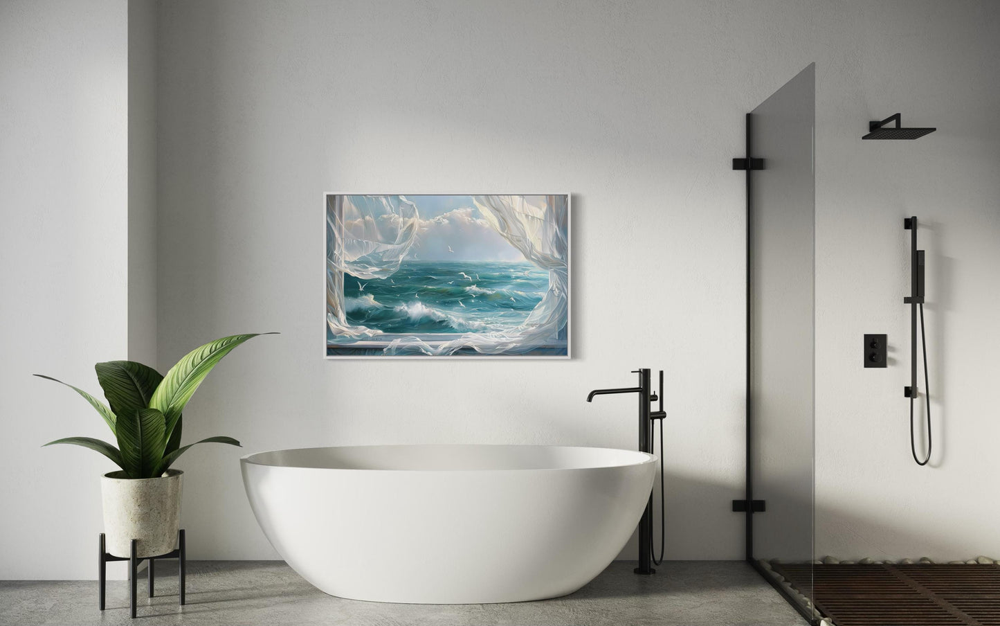 Ocean View From Window With Birds And Curtains Framed Canvas Wall Art, Coastal Wall Decor