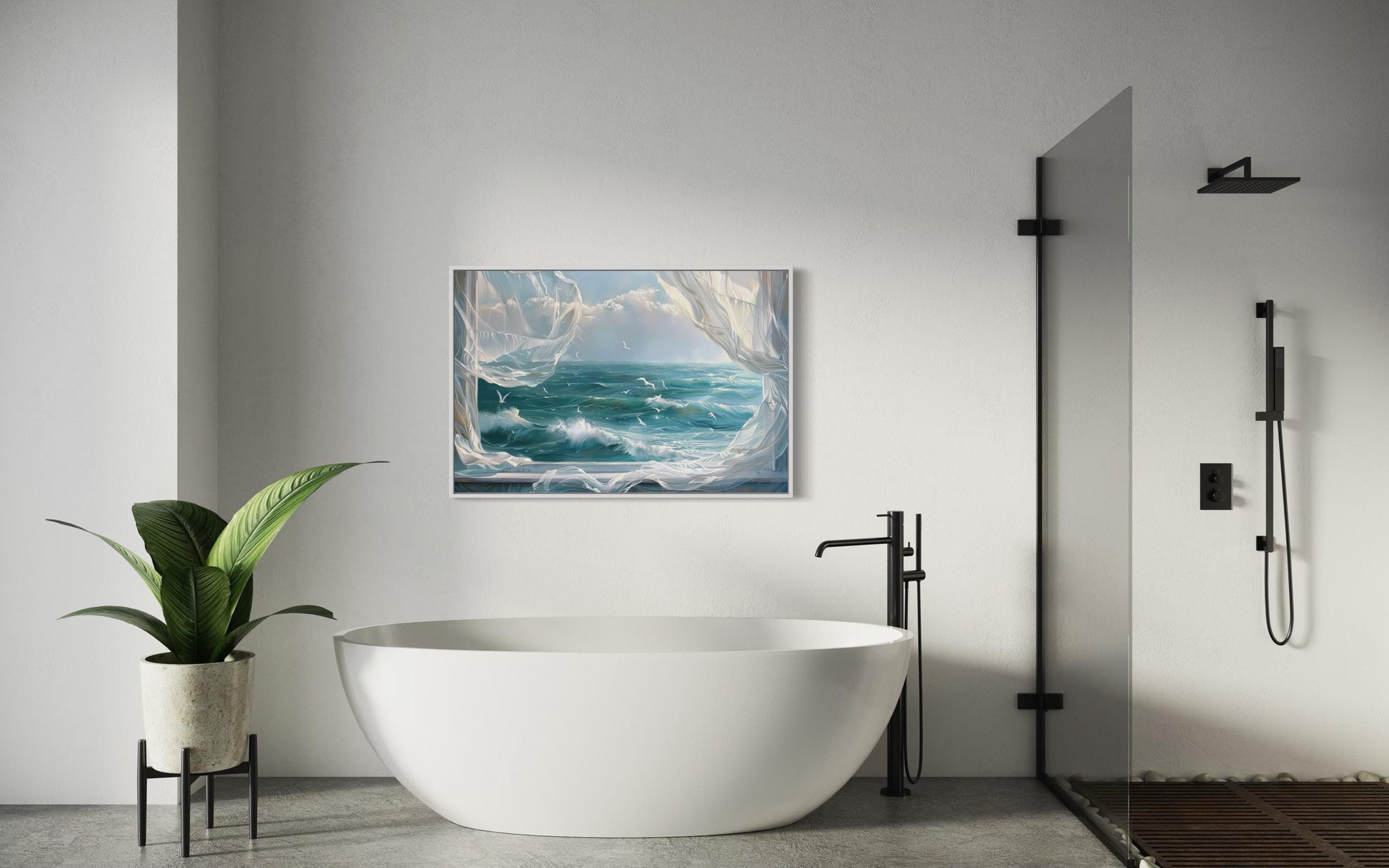 Ocean View From Window With Birds And Curtains Framed Canvas Wall Art, Coastal Wall Decor